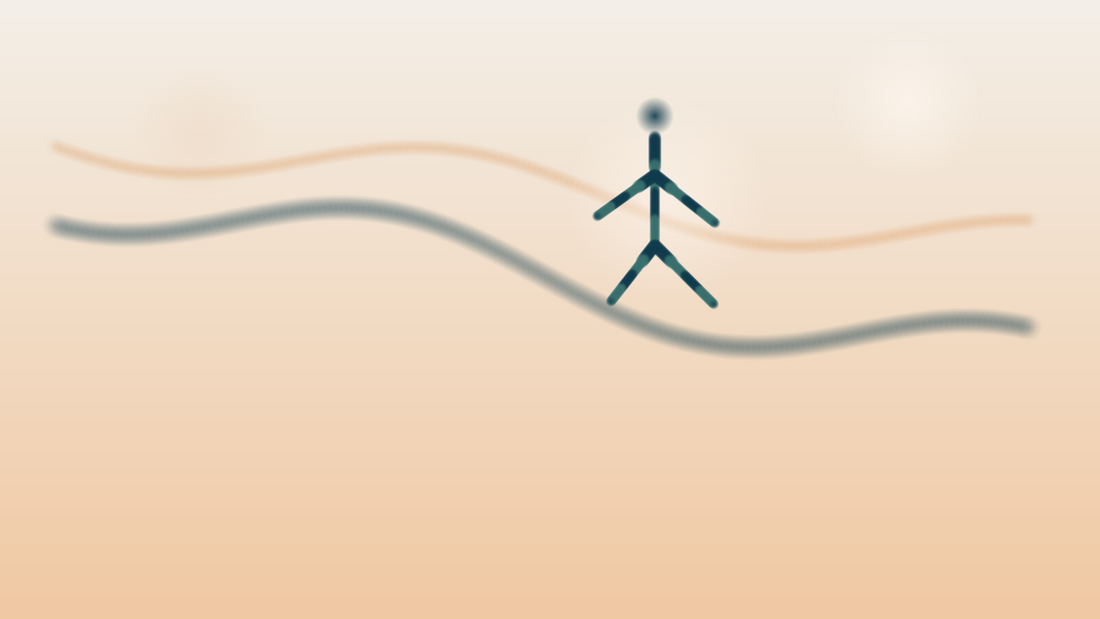 Abstrakte Homeoffice Illustration mit aktiven Rueckenuebungen und Bewegungsboegen