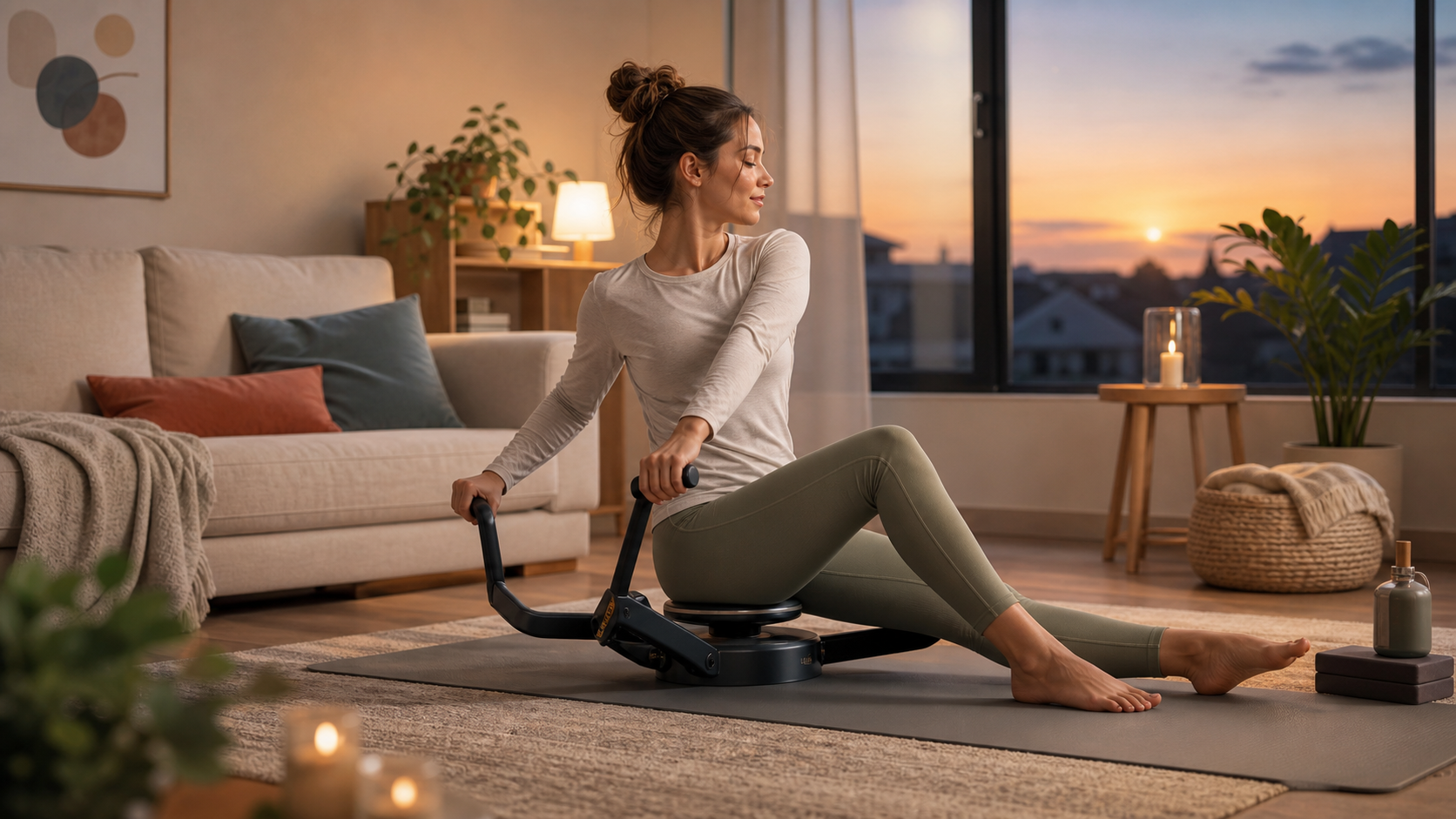 Frau bei einer ruhigen Abendroutine zuhause mit gefuehrter Rotation auf einem Back Stretching Device