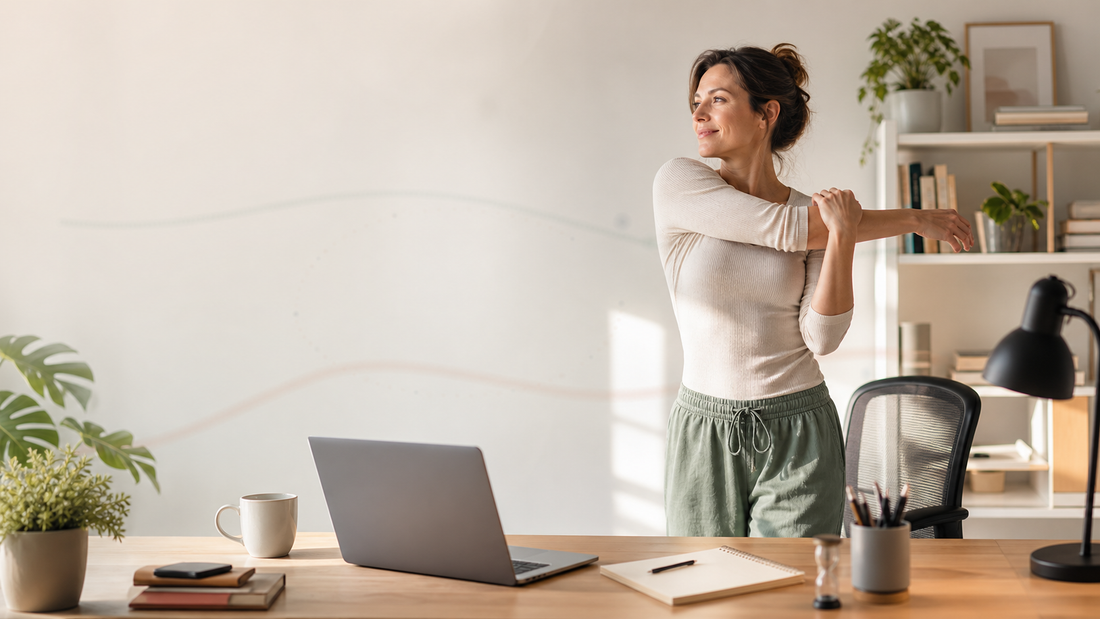 Frau macht einen sanften Stretch- und Rotations-Reset neben dem Schreibtisch im Homeoffice