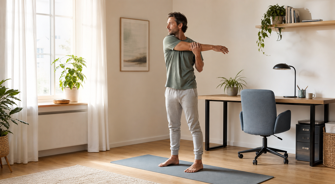 Person in hellem Homeoffice bei einer ruhigen Morgenrotation zur Mobilisierung der Wirbelsaeule