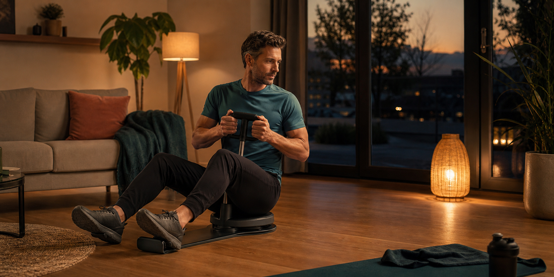 Person in warmem Wohnzimmer bei kontrollierter Abendrotation auf einem Back Trainer fuer zuhause