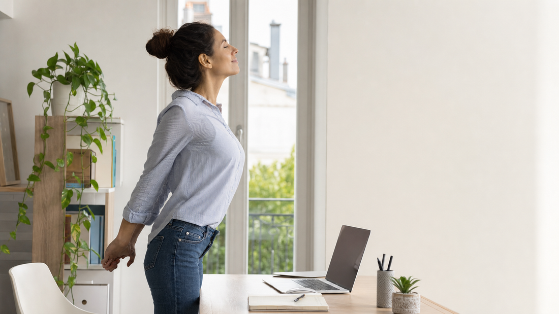 Personne en teletravail faisant une micro-pause avec un etirement doux du dos dans un bureau a domicile lumineux