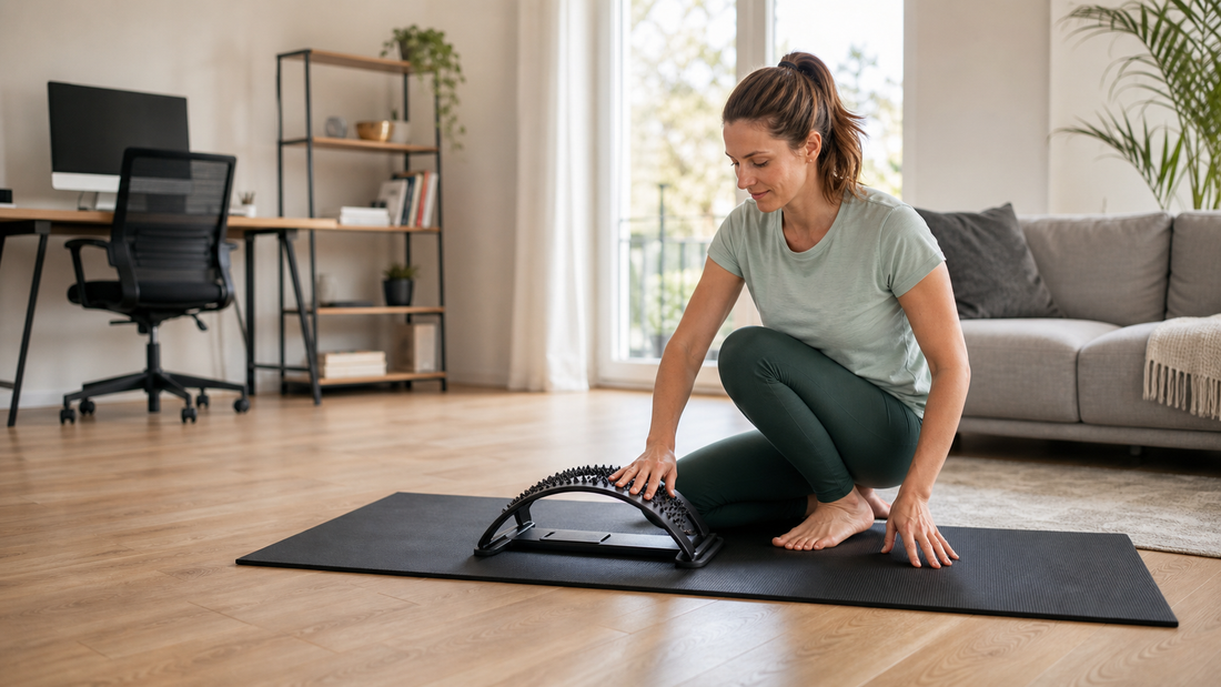Photo realiste d une personne a domicile utilisant un support de mobilite du dos dans un salon lumineux