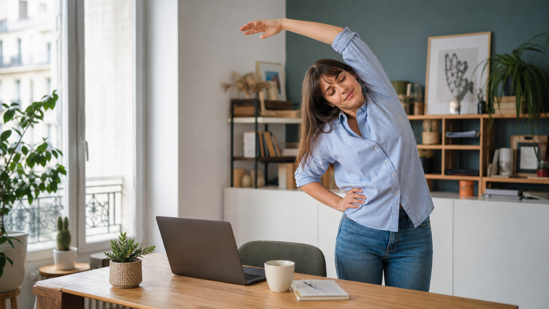 Photo lifestyle d une personne qui fait une pause douce apres une longue periode assise dans un bureau a domicile