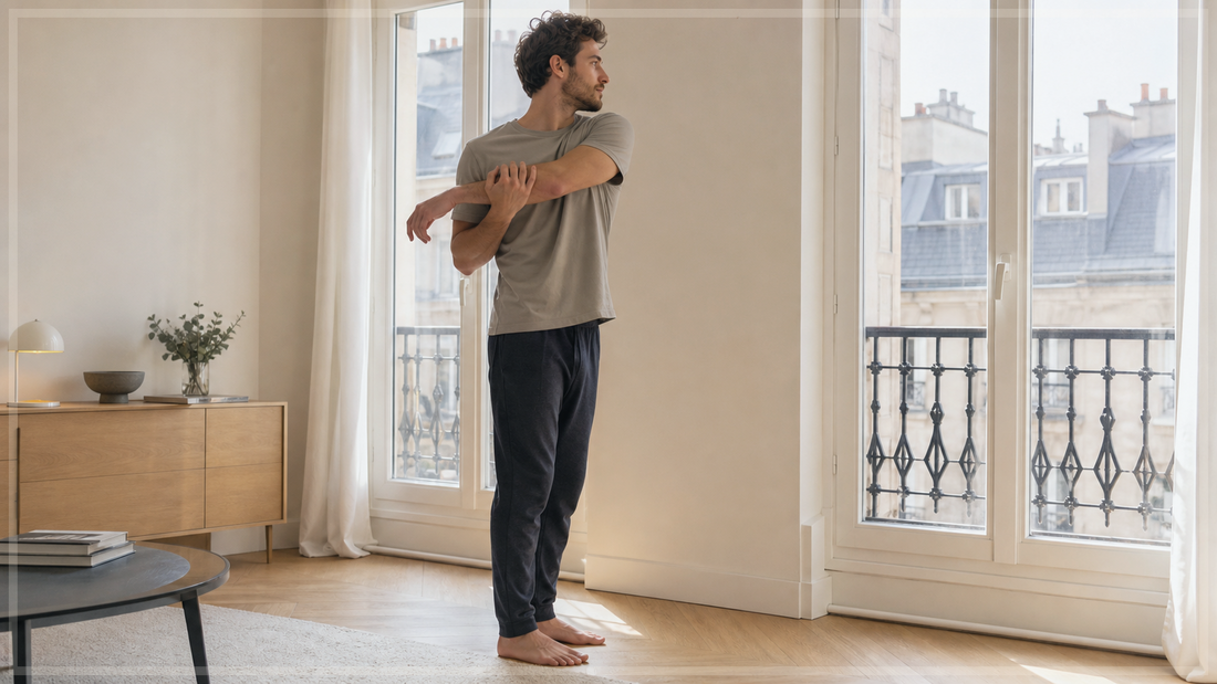 Photo lifestyle d une personne qui prepare une seance douce a la maison pres d un espace lumineux avant un renforcement du tronc a la maison