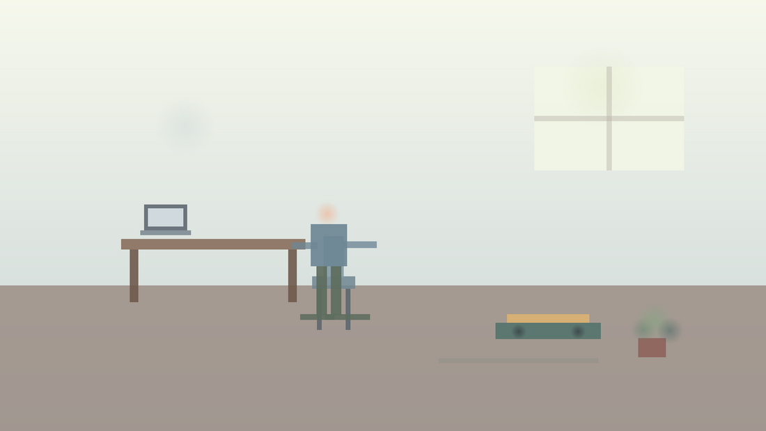 Illustration lifestyle d une pause apres le bureau avec tapis, appareil pour le dos et ambiance domestique calme
