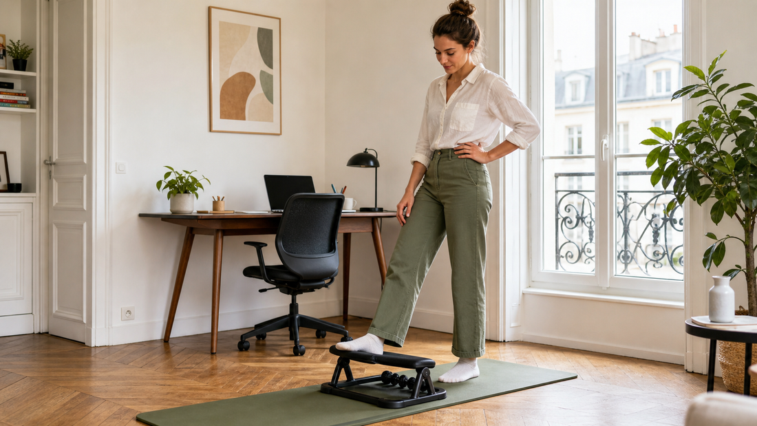 Pause mouvement a domicile dans un appartement francais avec bureau, tapis et appareil d etirement du dos