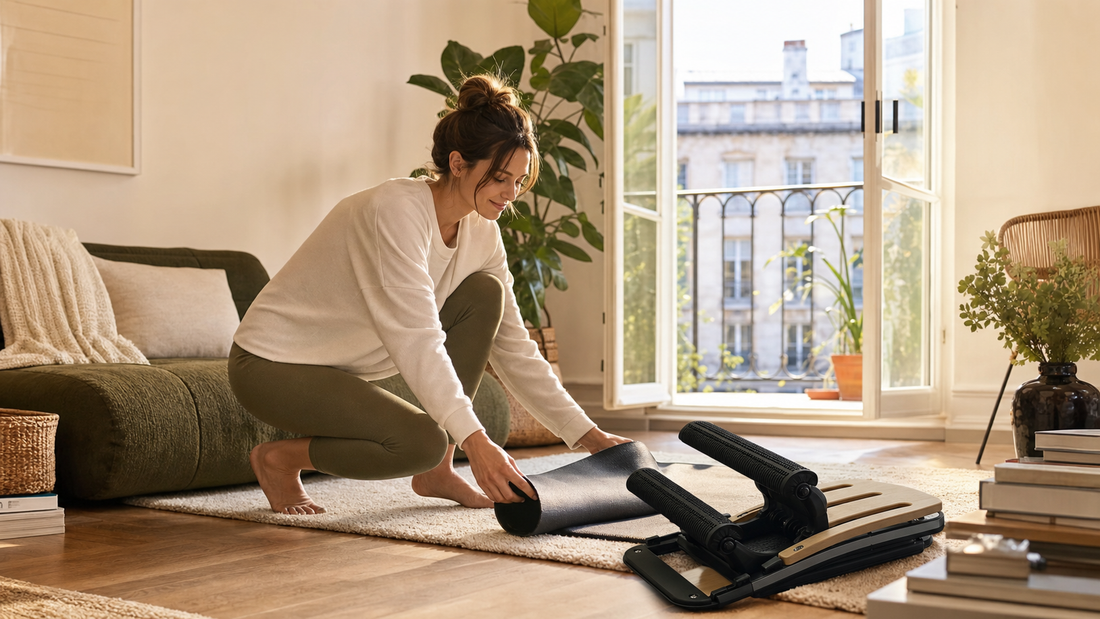 Rituel d etirement bas du dos dans un salon francais lumineux avec tapis et support Twist Crawler V2