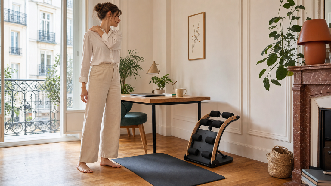 Pause d exercices dos bureau dans un appartement francais avec tapis et Twist Crawler V2 pres du bureau