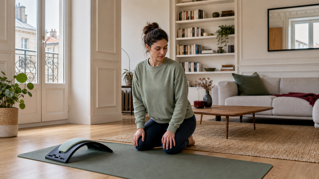 Rituel de mobilite de la colonne vertebrale dans un salon francais avec tapis et Twist Crawler V2