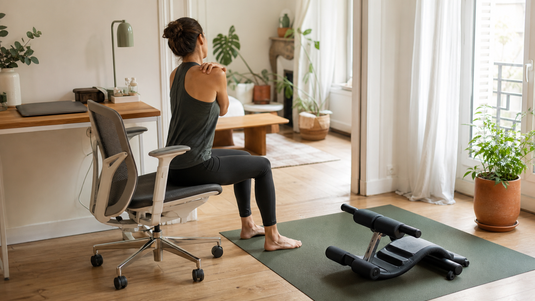 Exercices mal de dos assis dans un bureau a domicile francais avec tapis et Twist Crawler V2