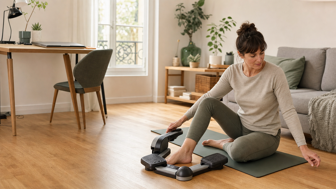 Zone de reset teletravail dans un appartement francais avec tapis et appareil de mobilite du dos