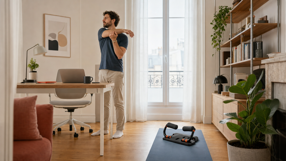 Pause de mobilite avec exercices dos bureau dans un appartement francais et support pour le dos sur tapis