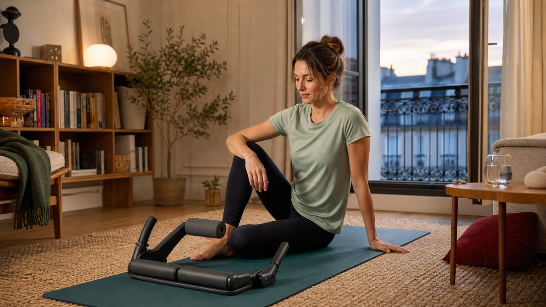 Rituel calme de mobilite de la colonne vertebrale dans un salon francais avec tapis et appareil de support