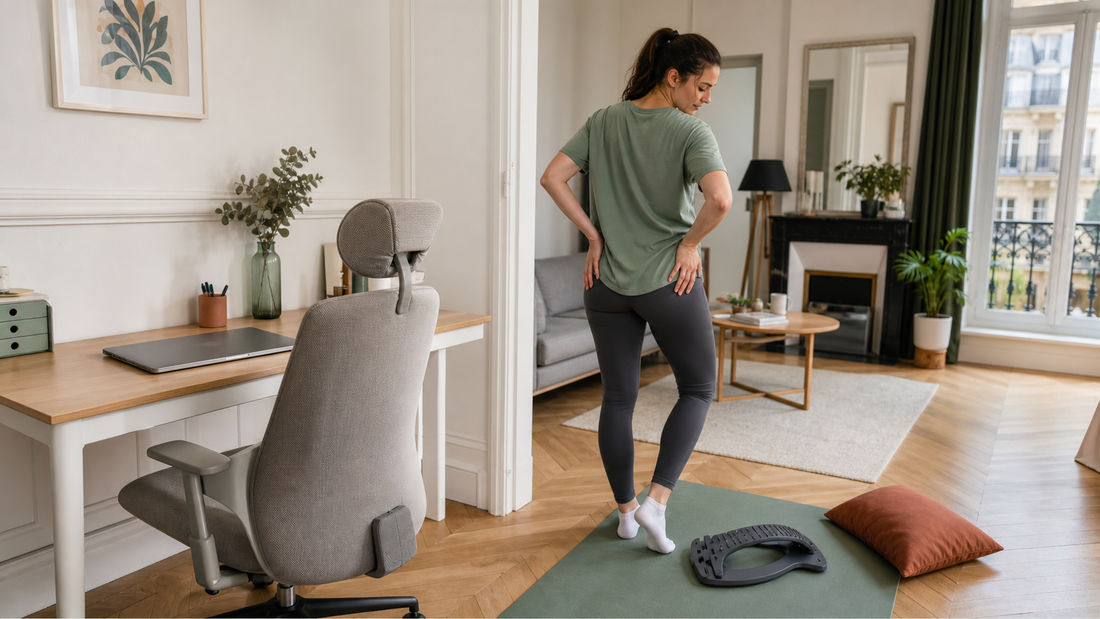 Coupure active en teletravail pres d un bureau francais avec tapis et support de mobilite du dos