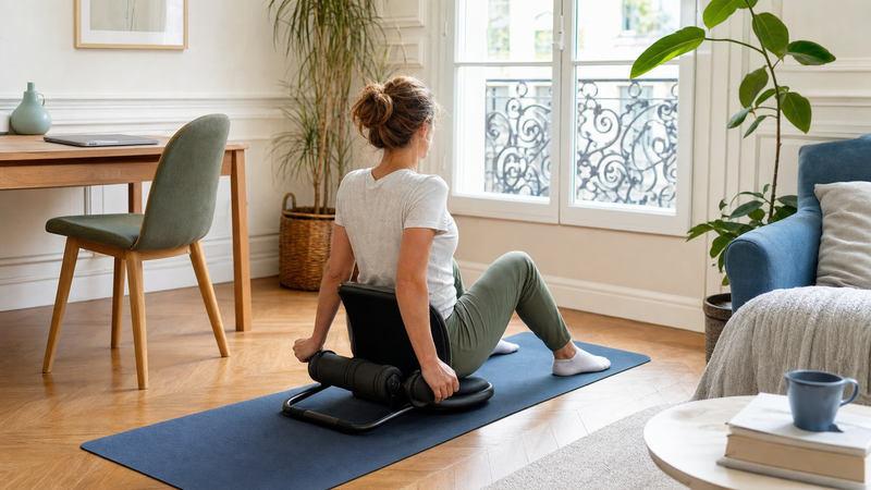 Transition douce depuis la chaise vers des exercices mal de dos assis dans un appartement français