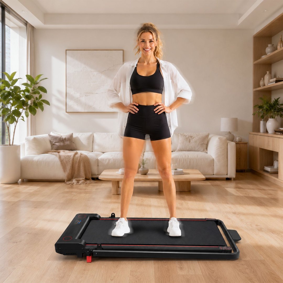 Offizielles Produktfoto des FlexiHome Walking Pads für eine ruhige Geheinheit vor dem Frühstück