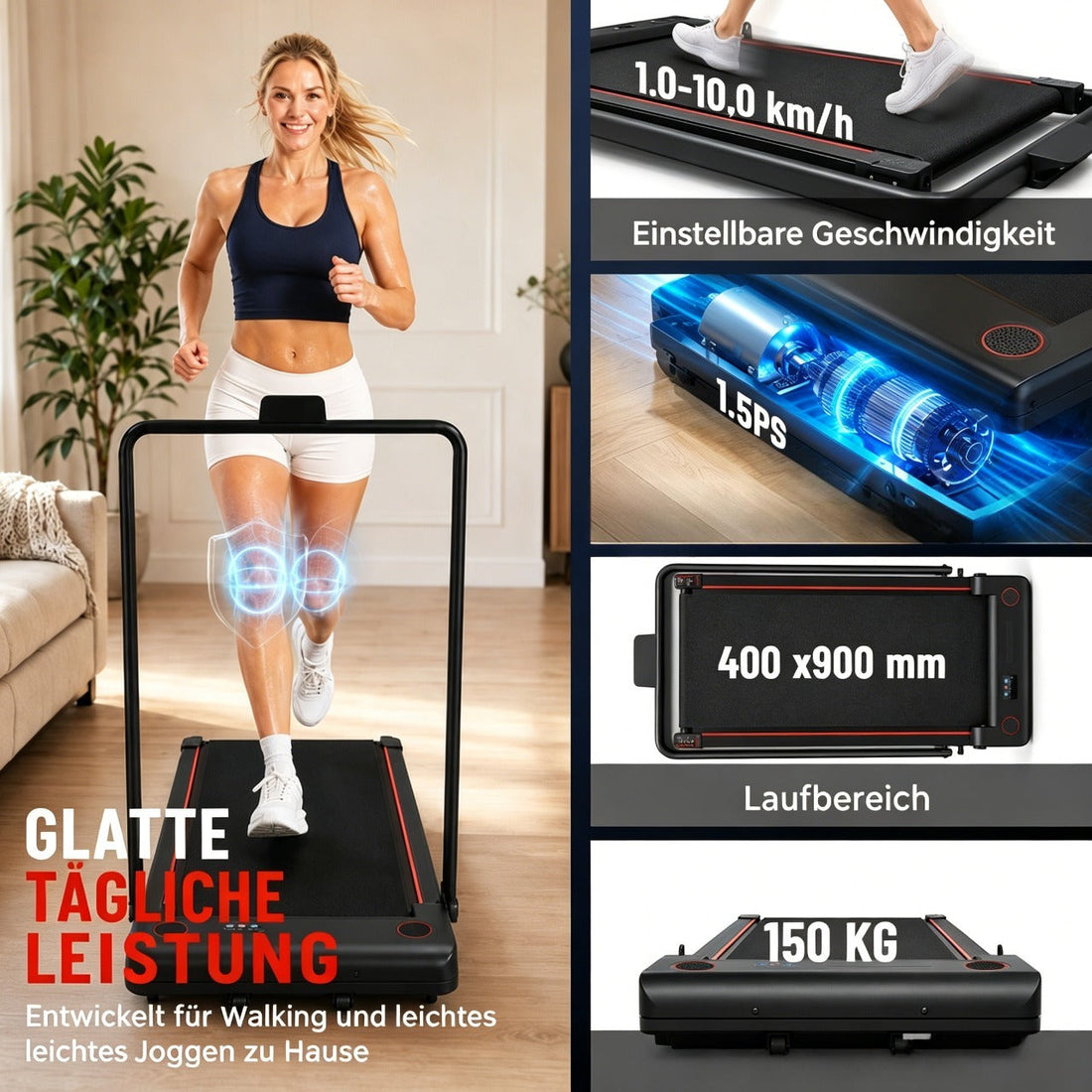 Offizielles Produktbild des FlexiHome Walking Pads für sechzehn kontrollierte Minuten Indoor-Gehen bei starkem Wind