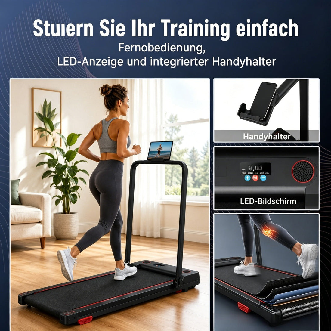 Offizielles Produktfoto des FlexiHome Walking Pads für ruhiges Indoor-Gehen nach einer Zugverspätung