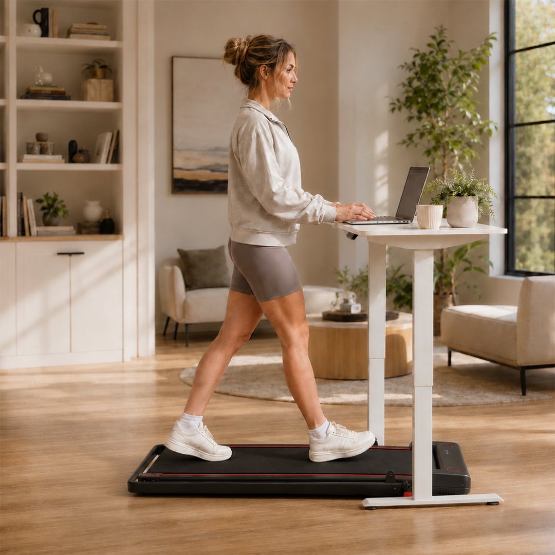 Offizielles Produktfoto des FlexiHome 3-in-1 Walking Pads für eine lockere Gehpause nach einer Videokonferenz