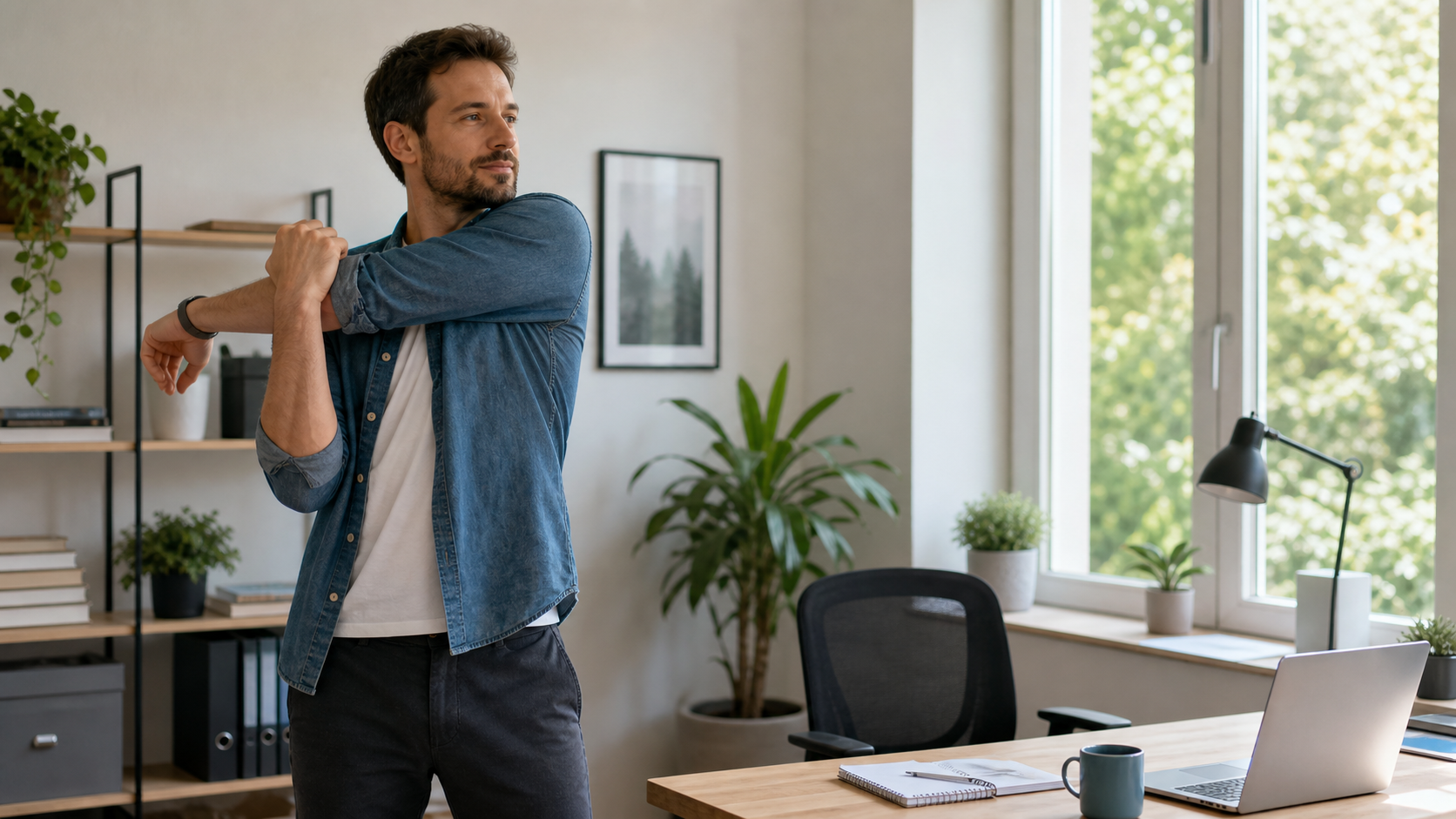 B�roangestellter macht R�cken�bungen im Homeoffice