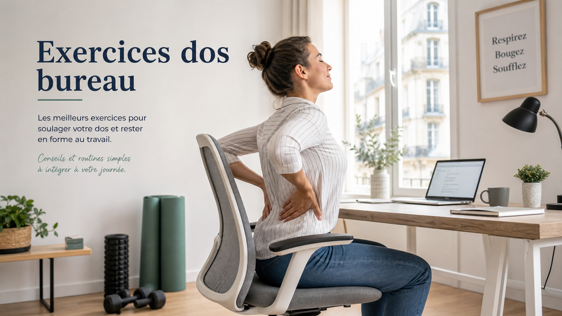 Personne assise au bureau faisant une mobilisation douce du dos dans un home office lumineux