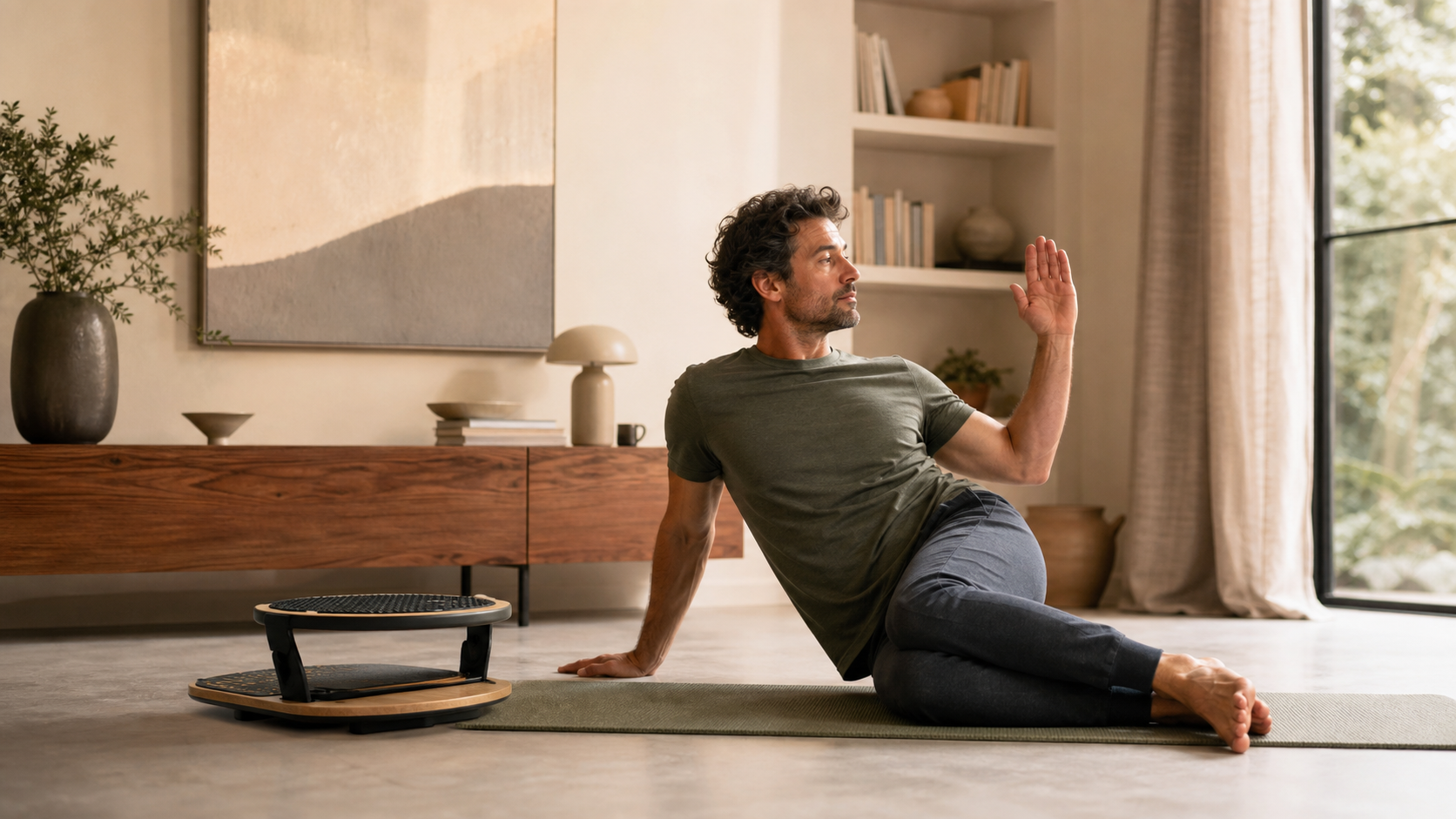 Personne effectuant une rotation douce au sol dans un salon calme et lumineux