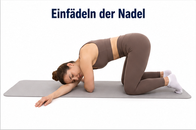 Im Vierfüßlerstand Arm unter dem Körper durchführen, Schläfe sanft ablegen, Becken stabil.