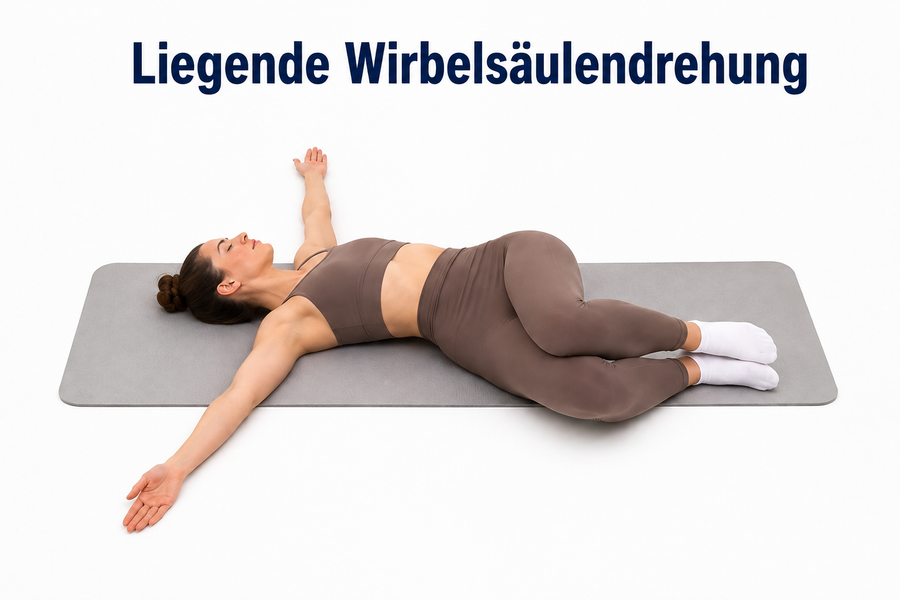 In Rückenlage beide Knie langsam zur Seite senken, Schultern am Boden lassen.