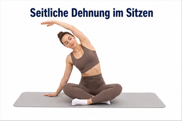 Aufrecht sitzen, einen Arm über den Kopf führen und den Oberkörper zur Seite neigen.